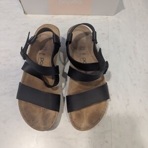 EUC Birkenstocks papillio Sibyl cork leather black buckle sandal size 7 NARROW